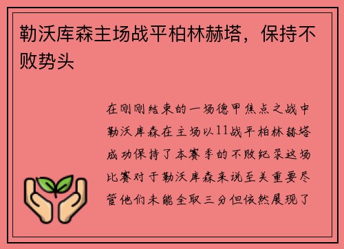 勒沃库森主场战平柏林赫塔，保持不败势头