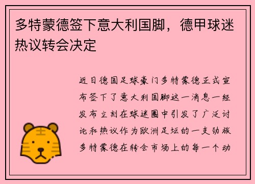 多特蒙德签下意大利国脚，德甲球迷热议转会决定