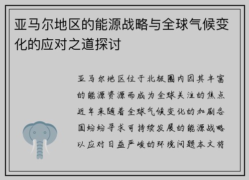 亚马尔地区的能源战略与全球气候变化的应对之道探讨