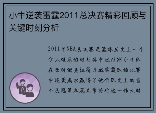 小牛逆袭雷霆2011总决赛精彩回顾与关键时刻分析